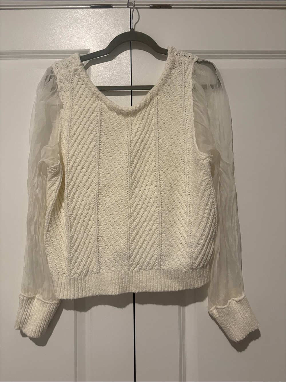 Maeve Cream Knit Sweater with Sheer Long Sleeves